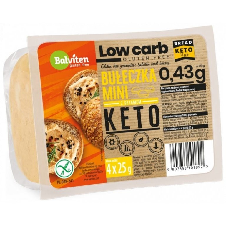 BUŁECZKI MINI Z SEZAMEM O OBNIŻONEJ ILOŚCI WĘGLOWODANÓW BEZGLUTENOWE KETO (4 x 25 g) 100 g - BALVITEN