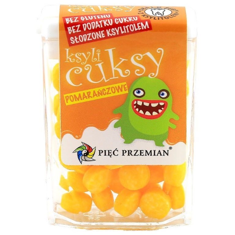 CUKIERKI Z KSYLITOLU KSYLICUKSY O SMAKU POMARAŃCZOWYM BEZGLUTENOWE 13 g - PIĘĆ PRZEMIAN