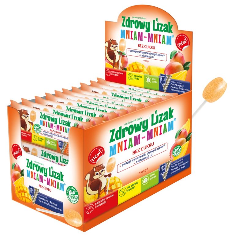 LIZAK O SMAKU MANGO Z WITAMINĄ D I C BEZ CUKRU BEZGLUTENOWY 6 g - MNIAM MNIAM STARPHARMA