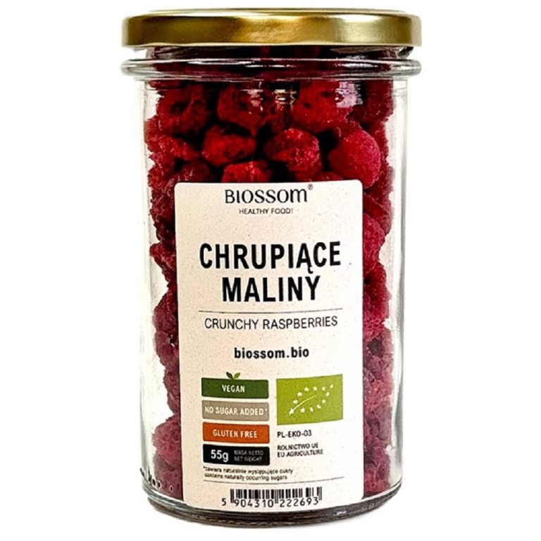 MALINY LIOFILIZOWANE CHRUPIĄCE  BEZGLUTENOWE BIO 55 g - BIOSSOM