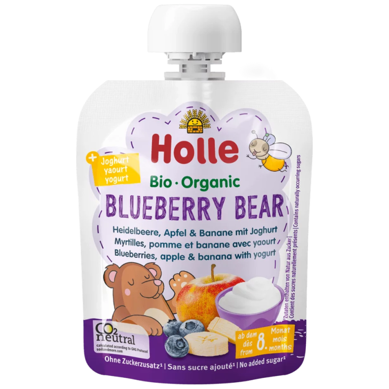 MUS BORÓWKOWY MIŚ (JOGURT - BORÓWKI - JABŁKO - BANAN) BEZ DODATKU CUKRÓW OD 8 MIESIĄCA BIO 85 g - HOLLE