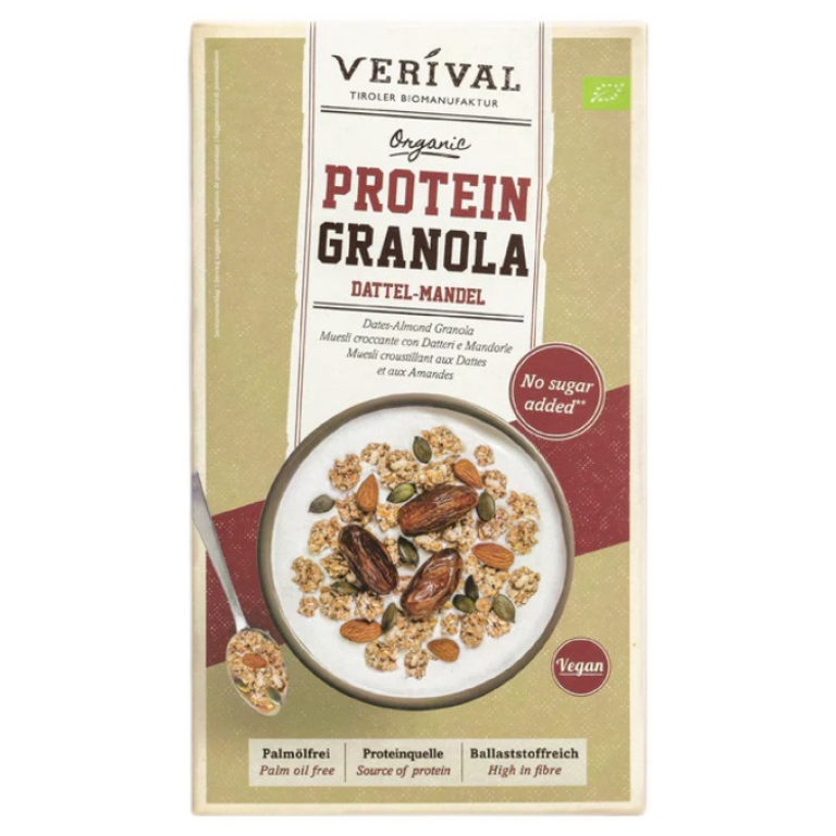 GRANOLA PROTEINOWA Z DAKTYLAMI I MIGDAŁAMI BEZ DODATKU CUKRÓW BIO 325 g - VERIVAL