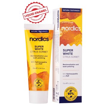 PASTA DO ZĘBÓW REMINERALIZUJĄCA SUPER WHITE Z PŁYNNYM SZKLIWEM BEZ FLUORU 75 ml - NORDICS