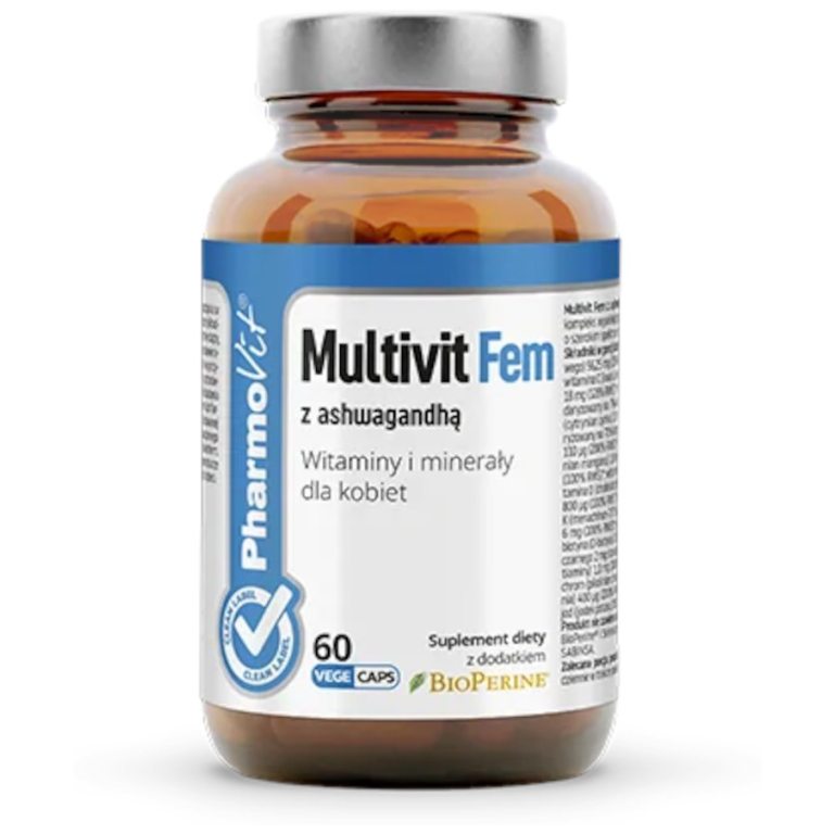 MULTIWITAMINA (MULTIVIT FEM Z Z ASHWAGANDHĄ) DLA KOBIET BEZGLUTENOWA 60 KAPSUŁEK - PHARMOVIT (CLEAN LABEL)