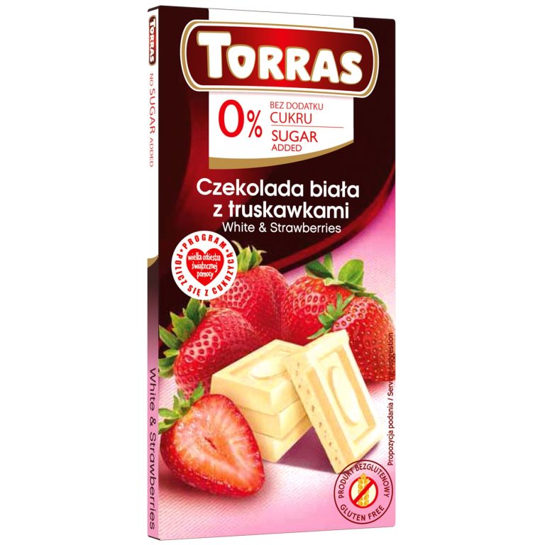 CZEKOLADA BIAŁA Z TRUSKAWKAMI BEZ DODATKU CUKRÓW BEZGLUTENOWA 75 g - TORRAS