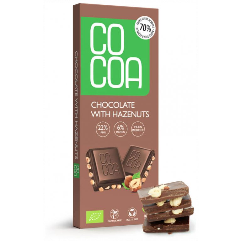 CZEKOLADA Z ORZECHAMI LASKOWYMI 70 % MNIEJ CUKRU BIO 40 g - COCOA