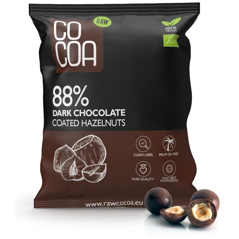 ORZECHY LASKOWE W CZEKOLADZIE CIEMNEJ 88 % BIO 70 g - COCOA
