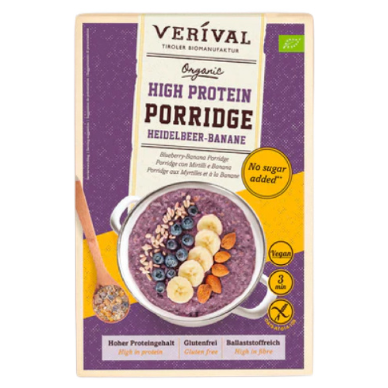 OWSIANKA PROTEINOWA Z BORÓWKĄ I BANANEM BEZ DODATKU CUKRÓW BEZGLUTENOWA BIO 350 g - VERIVAL