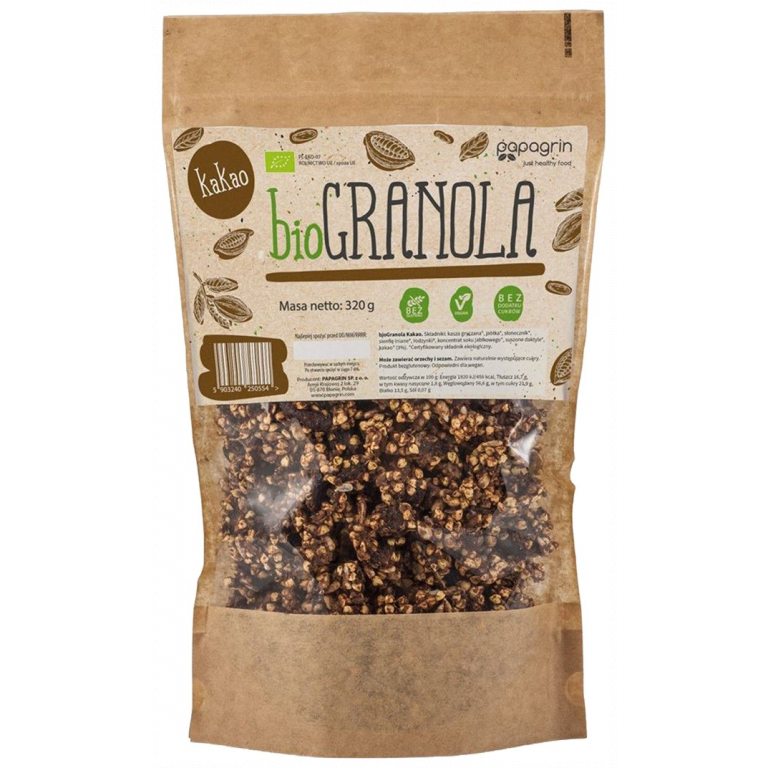 GRANOLA Z KAKAO BEZ DODATKU CUKRÓW BEZGLUTENOWA BIO 320 g - PAPAGRIN