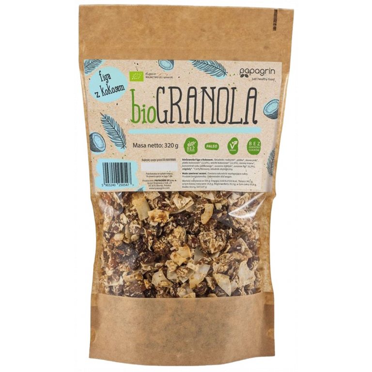 GRANOLA FIGA Z KOKOSEM BEZ DODATKU CUKRÓW BEZGLUTENOWA BIO 320 g - PAPAGRIN