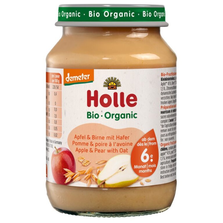 JABŁKO - GRUSZKA Z OWSEM BEZ DODATKU CUKRÓW OD 6 MIESIĄCA DEMETER BIO 190 g (SŁOIK) - HOLLE