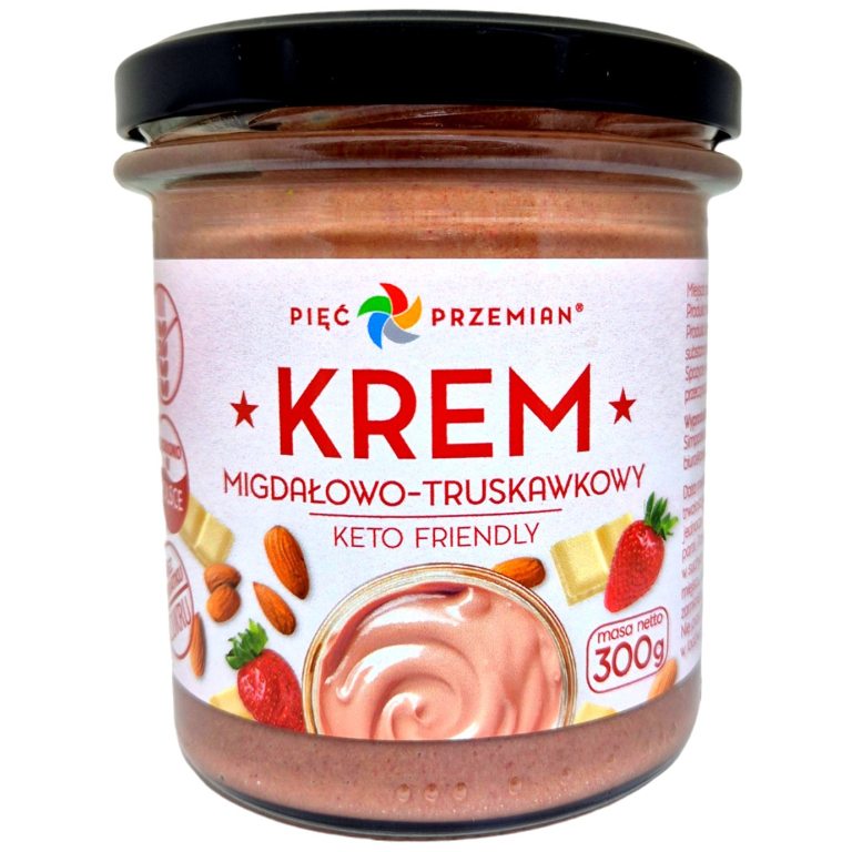KREM MIGDAŁOWO - CZEKOLADOWO - TRUSKAWKOWY BEZ DODATKU CUKRÓW BEZGLUTENOWY KETO 300 g - PIĘĆ PRZEMIAN