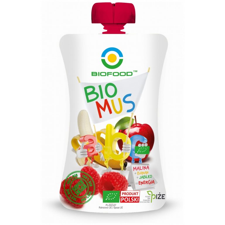 MUS MALINOWO - BANANOWO - JABŁKOWY BEZGLUTENOWY BIO 90 g - BIO FOOD