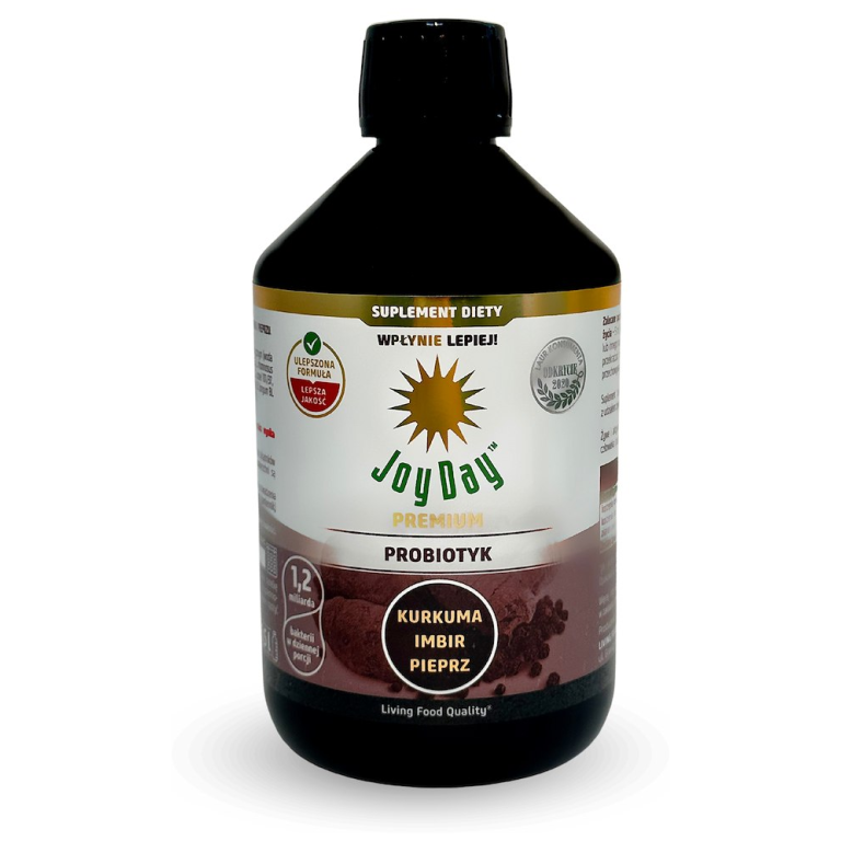 KONCENTRAT NAPOJU PROBIOTYCZNEGO KURKUMA IMBIR PIEPRZ BEZGLUTENOWY BIO 500 ml - JOY DAY