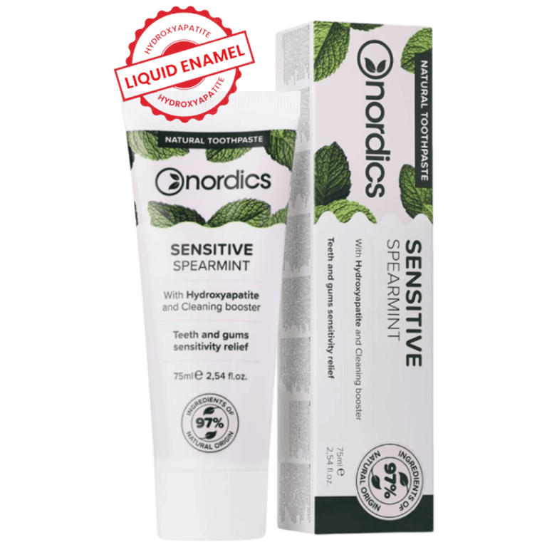 PASTA DO ZĘBÓW REMINERALIZUJĄCA SENSITIVE Z PŁYNNYM SZKLIWEM BEZ FLUORU 75 ml - NORDICS