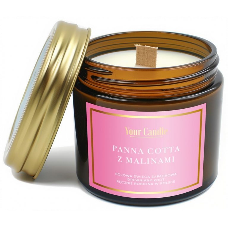 ŚWIECA SOJOWA ZAPACHOWA Z DREWNIANYM KNOTEM PANNA COTTA Z MALINAMI 120 ml - YOUR CANDLE