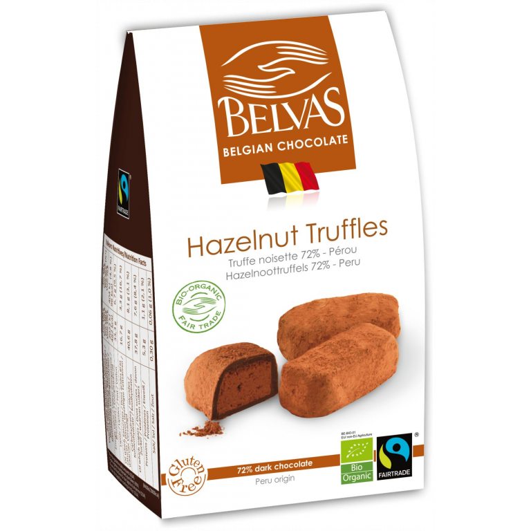 CZEKOLADKI BELGIJSKIE TRUFLE Z ORZECHAMI LASKOWYMI FAIR TRADE BEZGLUTENOWE BIO 100 g - BELVAS