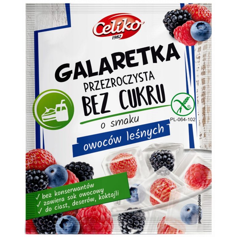 GALARETKA PRZEZROCZYSTA BEZ CUKRU O SMAKU OWOCÓW LEŚNYCH BEZGLUTENOWA 14 g - CELIKO