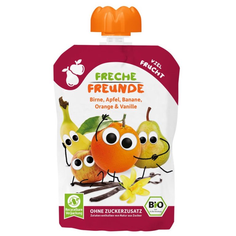 MUS GRUSZKA - JABŁKO - BANAN - POMARAŃCZA - WANILIA BEZ DODATKU CUKRÓW BEZGLUTENOWY OD 8 MIESIĄCA BIO 100 g - FRECHE FREUNDE