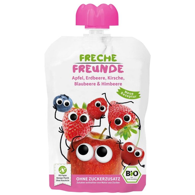 MUS JABŁKO -  TRUSKAWKA - JAGODA - MALINA BEZ DODATKU CUKRÓW BEZGLUTENOWY OD 6 MIESIĄCA BIO 100 g - FRECHE FREUNDE