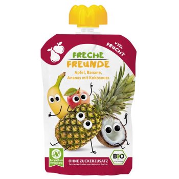 MUS JABŁKO - BANAN - ANANAS - KOKOS BEZ DODATKU CUKRÓW BEZGLUTENOWY OD 6 MIESIĄCA BIO 100 g - FRECHE FREUNDE