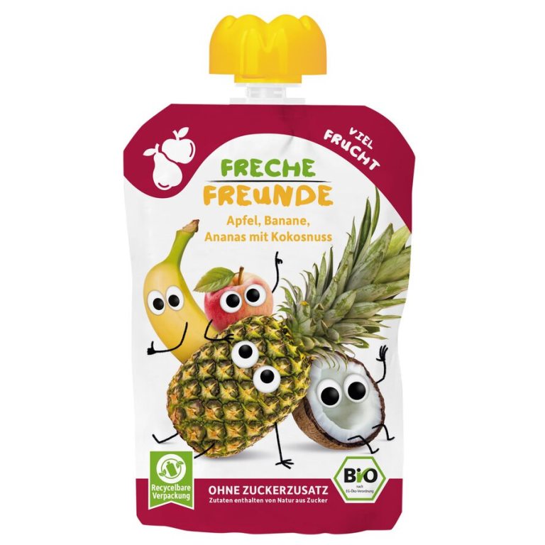 MUS JABŁKO - BANAN - ANANAS - KOKOS BEZ DODATKU CUKRÓW BEZGLUTENOWY OD 6 MIESIĄCA BIO 100 g - FRECHE FREUNDE