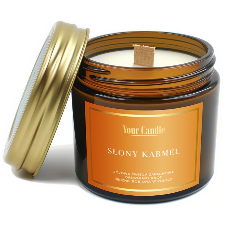 ŚWIECA SOJOWA ZAPACHOWA Z DREWNIANYM KNOTEM SŁONY KARMEL 120 ml - YOUR CANDLE