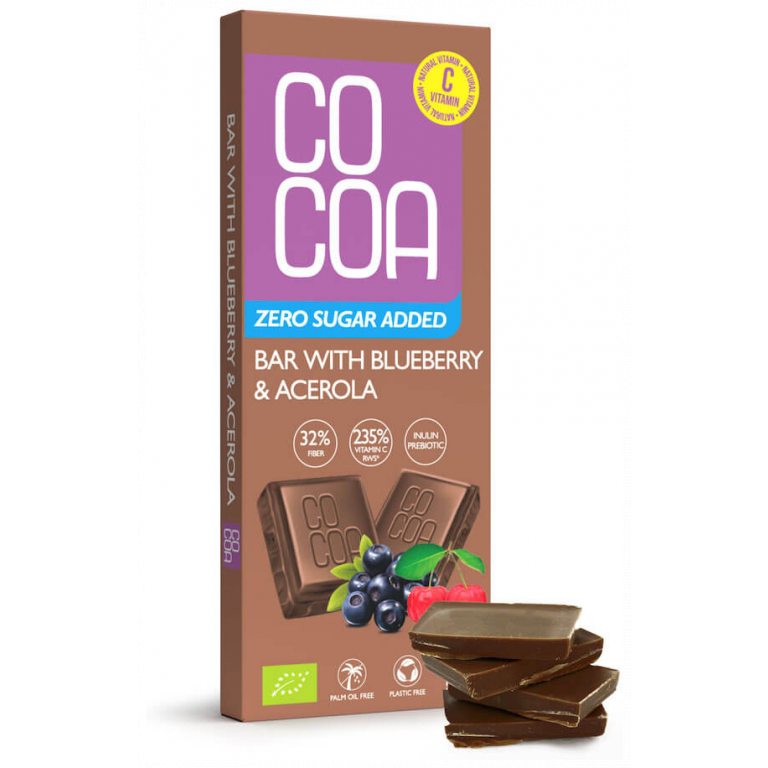 CZEKOLADA JAGODOWA Z WITAMINĄ C Z ACEROLI BEZ DODATKU CUKRU BIO 40 g - COCOA