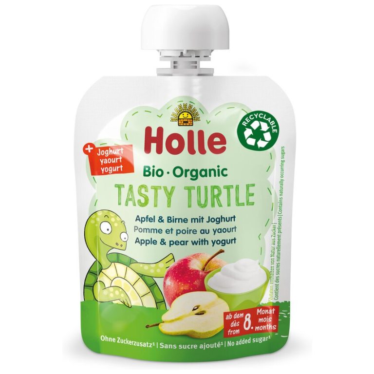 MUS SMACZNY ŻÓŁWIK (JABŁKO - GRUSZKA - JOGURT) BEZ DODATKU CUKRÓW OD 8 MIESIĄCA BIO 85 g - HOLLE