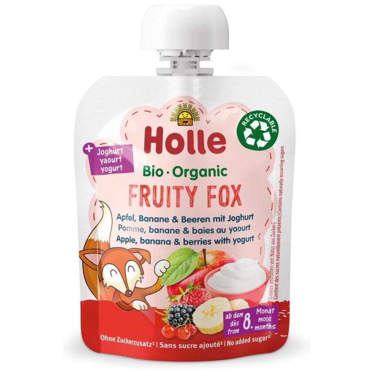 MUS OWOCOWY LISEK (JABŁKO - BANAN - OWOCE LEŚNE - JOGURT) BEZ DODATKU CUKRÓW OD 8 MIESIĄCA BIO 85 g - HOLLE