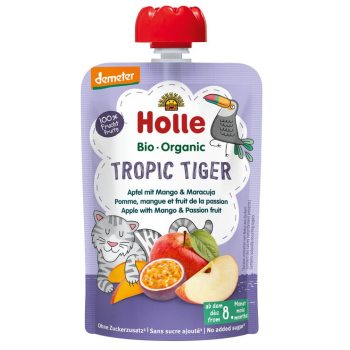 MUS TROPIKALNY TYGRYSEK (JABŁKO - MANGO - MARAKUJA) BEZ DODATKU CUKRÓW OD 8 MIESIĄCA DEMETER BIO 100 g - HOLLE