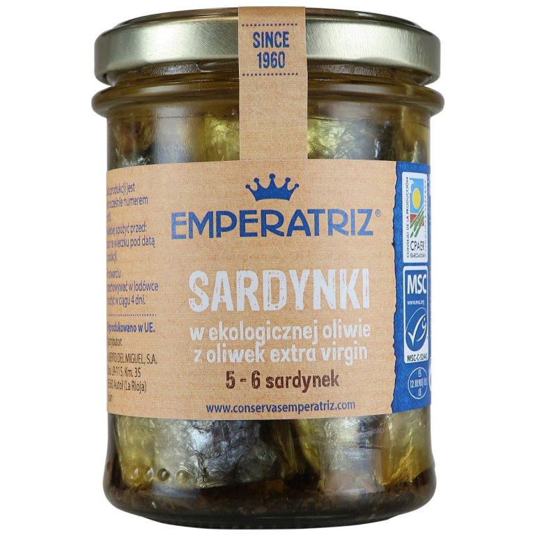 SARDYNKI EUROPEJSKIE W BIO OLIWIE Z OLIWEK EXTRA VIRGIN 190 g (133 g) (SŁOIK) - EMPERATRIZ