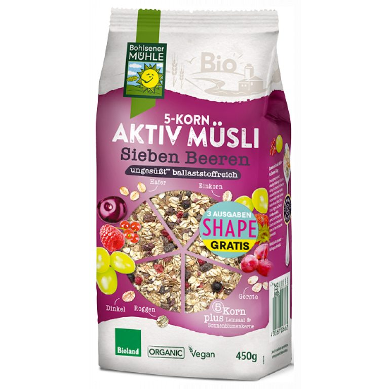 MUSLI 5 ZBOŻ Z OWOCAMI JAGODOWYMI BEZ DODATKU CUKRÓW BIO 450 g - BOHLSENER MUEHLE