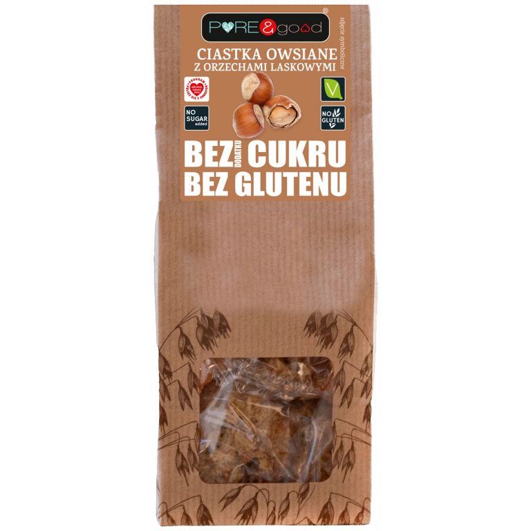 CIASTKA OWSIANE Z ORZECHAMI LASKOWYMI BEZ DODATKU CUKRU BEZGLUTENOWE 150 g - PURE&GOOD