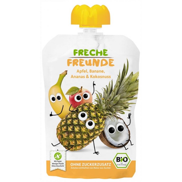 MUS JABŁKO - BANAN - ANANAS - KOKOS BEZ DODATKU CUKRÓW BEZGLUTENOWY OD 6 MIESIĄCA BIO 100 g - FRECHE FREUNDE