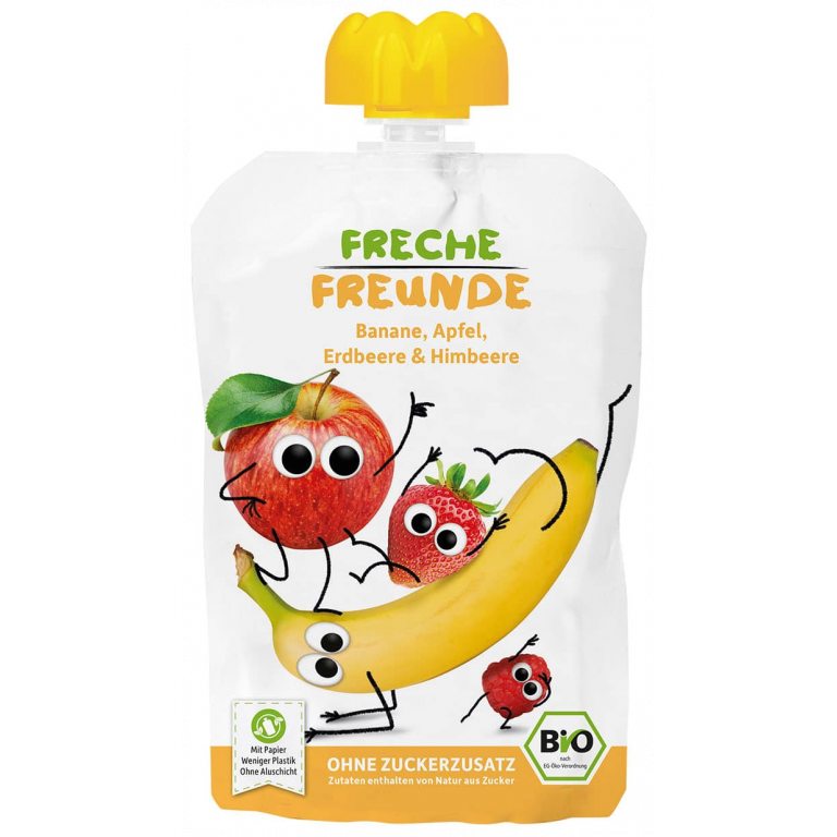 MUS BANAN - JABŁKO - TRUSKAWKA - MALINA BEZ DODATKU CUKRÓW BEZGLUTENOWY OD 6 MIESIĄCA BIO 100 g - FRECHE FREUNDE