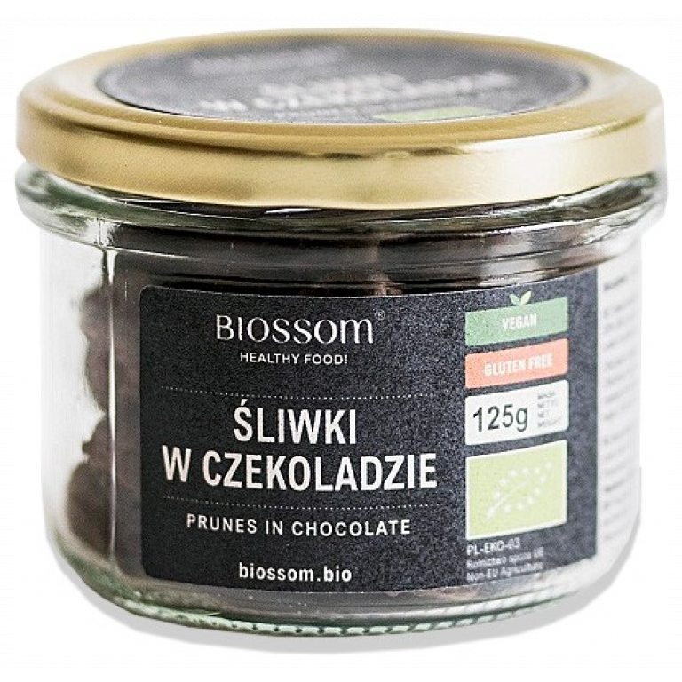 ŚLIWKI KALIFORNIJSKIE W CZEKOLADZIE BEZGLUTENOWE BIO 125 g - BIOSSOM