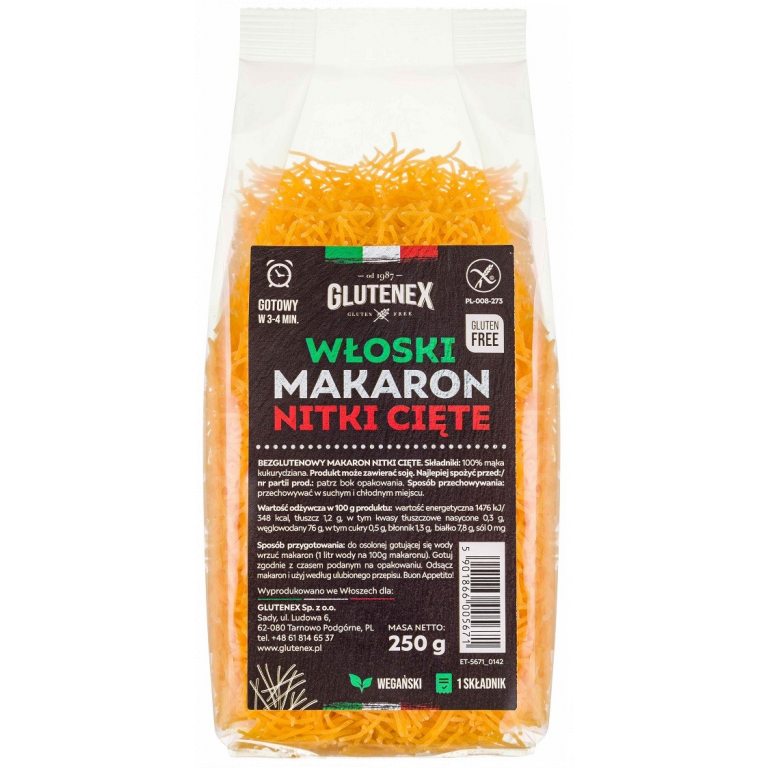 MAKARON (KUKURYDZIANY) NITKI CIĘTE BEZGLUTENOWY 250 g - GLUTENEX