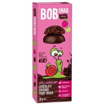 PRZEKĄSKA CHOCO JABŁKO - MALINA W CIEMNEJ CZEKOLADZIE BELGIJSKIEJ BEZ DODATKU CUKRÓW BEZGLUTENOWA 30 g - BOB SNAIL
