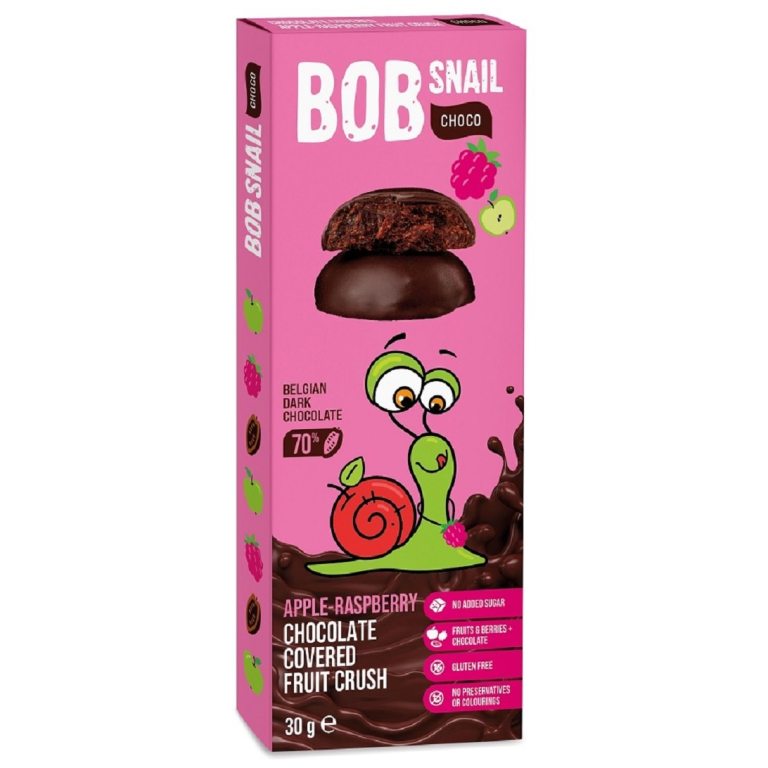 PRZEKĄSKA CHOCO JABŁKO - MALINA W CIEMNEJ CZEKOLADZIE BELGIJSKIEJ BEZ DODATKU CUKRÓW BEZGLUTENOWA 30 g - BOB SNAIL