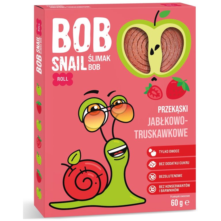 PRZEKĄSKA ROLL JABŁKO - TRUSKAWKA BEZ DODATKU CUKRÓW BEZGLUTENOWA 60 g - BOB SNAIL