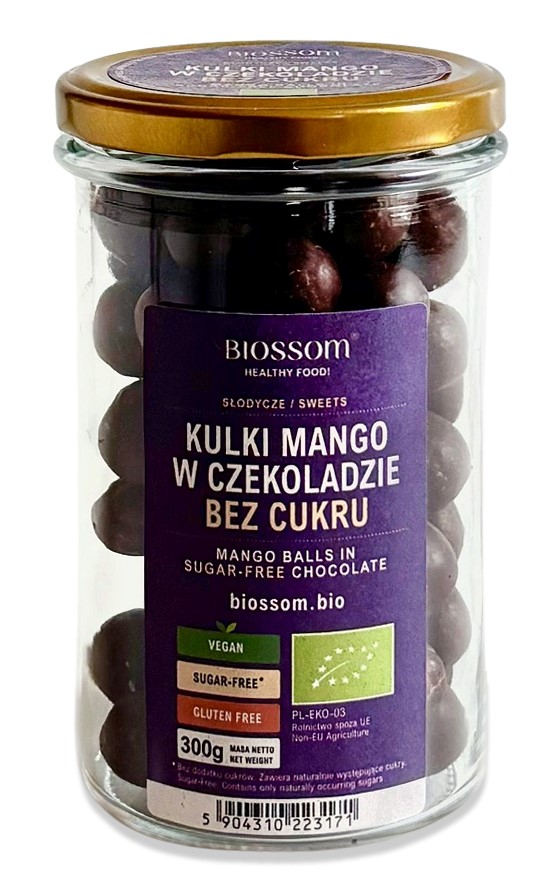 KULKI MANGO W CZEKOLADZIE BEZ DODATKU CUKRU BEZGLUTENOWE BIO 300 g - BIOSSOM