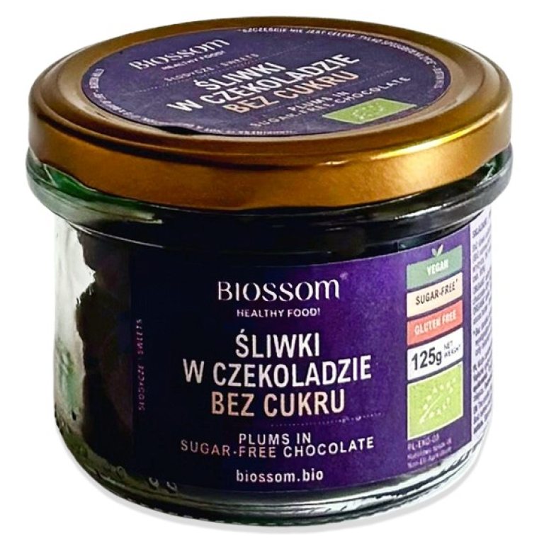 ŚLIWKI KALIFORNIJSKIE W CZEKOLADZIE BEZ DODATKU CUKRÓW BEZGLUTENOWE BIO 125 g - BIOSSOM