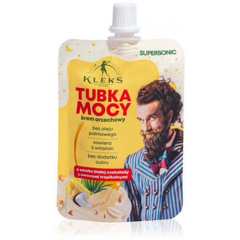 KREM ORZECHOWY TUBKA MOCY O SMAKU BIAŁEJ CZEKOLADY Z OWOCAMI TROPIKALNYMI 50 g - SUPERSONIC (AKADEMIA PANA KLEKSA)