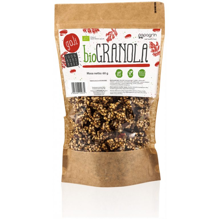 GRANOLA Z GOJI BEZ DODATKU CUKRÓW BEZGLUTENOWA BIO 60 g - PAPAGRIN