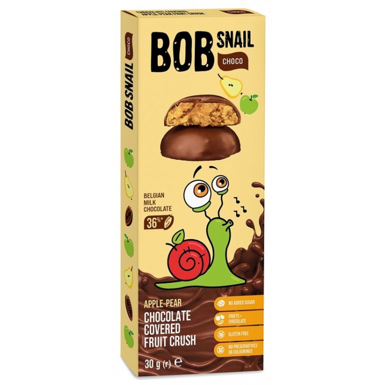 PRZEKĄSKA CHOCO JABŁKO - GRUSZKA W MLECZNEJ CZEKOLADZIE BELGIJSKIEJ BEZ DODATKU CUKRU BEZGLUTENOWA 30 g - BOB SNAIL