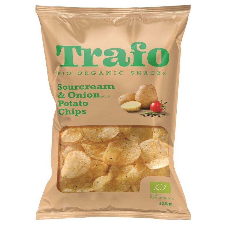 CHIPSY ZIEMNIACZANE O SMAKU ŚMIETANKOWO - CEBULOWYM WEGAŃSKIE BIO 125 g - TRAFO