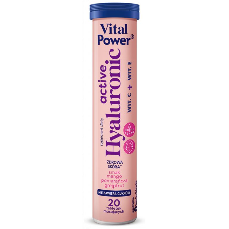 KWAS HIALURONOWY + WITAMINA C + WITAMINA E O SMAKU MANGO - POMARAŃCZA - GREJPFRUT 20 TABLETEK MUSUJĄCYCH - VITAL POWER