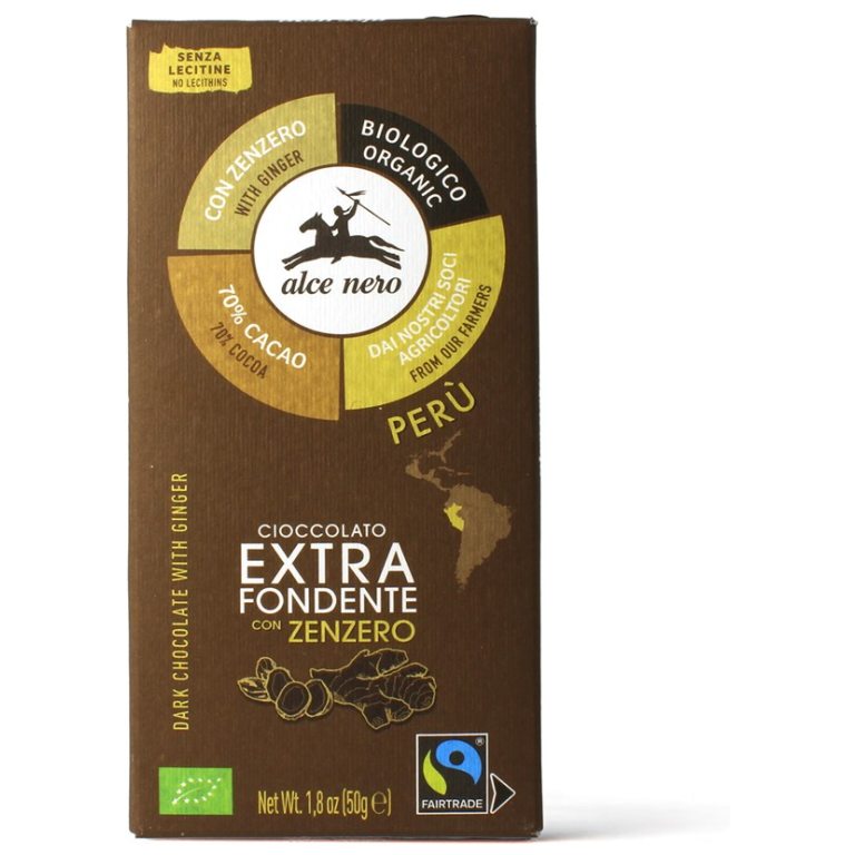 CZEKOLADA GORZKA Z IMBIREM FAIR TRADE BEZGLUTENOWA BIO 50 g - ALCE NERO