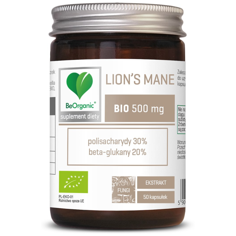 GRZYBY SOPLÓWKA JEŻOWATA (LION'S MANE) EKSTRAKT BIO (500 mg) 50 KAPSUŁEK - BE ORGANIC